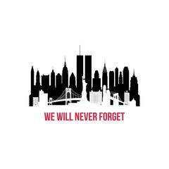 Naklejka premium 09.11.2001 American Patriot Day anniversary banner. New York City Skyline negative space silhouette. Vector illustration.