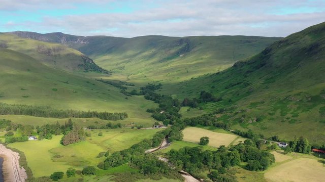 Aerial view of picturesque landscape of Scottish Highlands around Loch Eil/Linnhe, scenery with lush green hills - panorama of Highlands of Scotland from above, United Kingdom, Great Britain, Europe