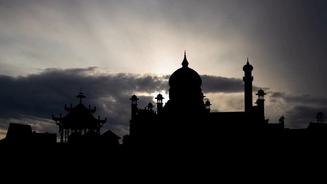 Islamic Mosque Omar Ali Saifuddin and Ceremonial Barge, Time Lapse at Sunrise, Bandar Seri Begawan, Brunei