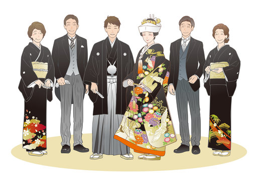 神前結婚式を挙げる夫婦と家族。紋付羽織袴・色打掛（角隠し）・モーニングコート・黒留袖。