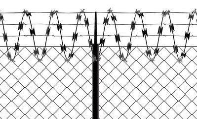 Barbed wire and fence, front view of a wire mesh, black and white. White background and drawing in black. Protection, private place, no access. Protected area