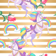 Cute white unicorns with rainbow hair on golden stripes seamless vector pattern background illustration