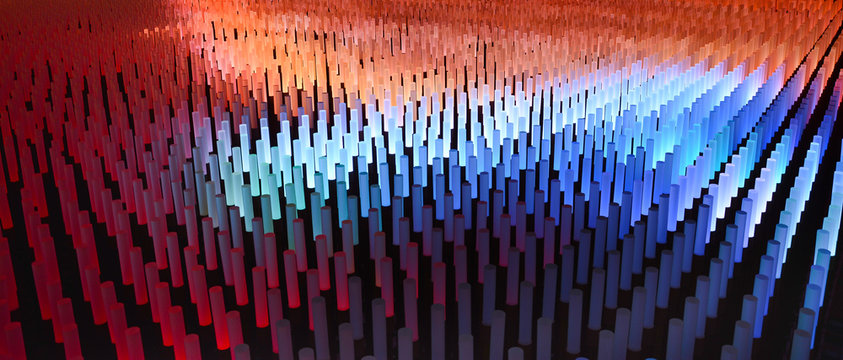 Modern technology geometric shapes, lights in a row. Abstract pattern background in black, turquoise, red, purple, blue, orange and royal blue. Connection Technology.