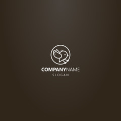 white logo on a black background. simple vector line art logo of a cartoon little bird in a round frame