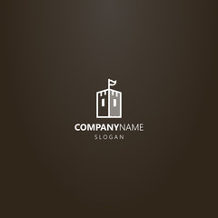 white logo on a black background. simple vector line art logo of a medieval tower with a flag on top