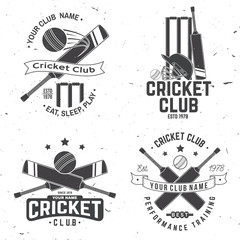 Set of cricket club badges. Vector. Concept for shirt, stamp or tee. Vintage typography design with cricket ball, wicket, bail and helmet silhouette. Templates for sports club. - obrazy, fototapety, plakaty