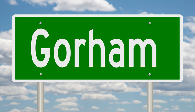 Rendering of a green highway sign for Gorham Maine