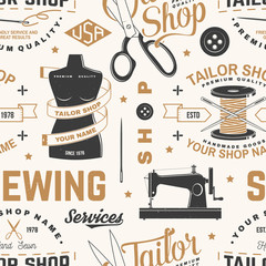 Tailor shop seamless pattern or background. Vector. Concept for sewing shop business. Design with sewing accessories silhouette.