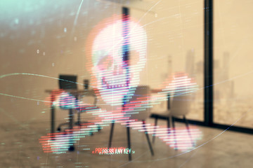 Cyber piracy hologram with minimalistic cabinet interior background. Double exposure. Hacking concept.