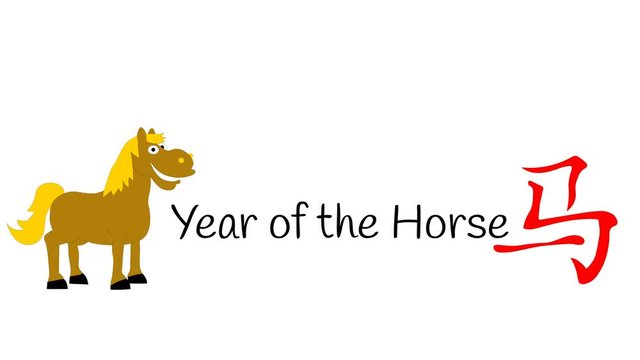 Chinese Horoscope horse animated on white with New Year greeting.