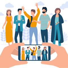 Photo of a group of young people. Young women and men taking mobile photo. Vector flat style illustration