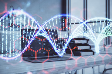 DNA hologram with desktop office background. Double exposure. Concept of education