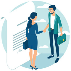 Business people shake hands after negotiation, came to agreement and completed the deal with a handshake. Flat design isometric vector concept for web site and application design and presentation.