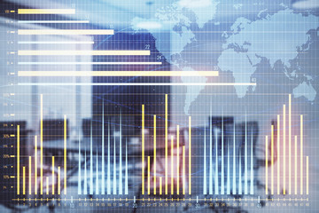 Double exposure of stock market graph with globe hologram on conference room background. Concept of international finance