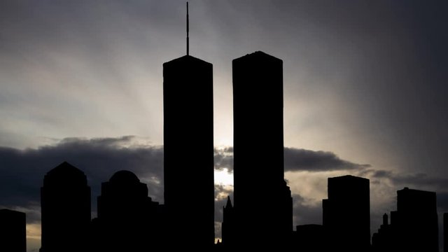 New York City, September 2000: Iconic Twin Towers, destroyed in 2001 during the September 11 2001 attacks, Time Lapse at Sunrise, Manhattan, USA