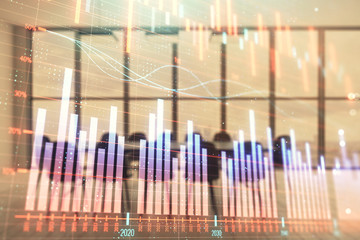 Multi exposure of stock market graph on conference room background. Concept of financial analysis