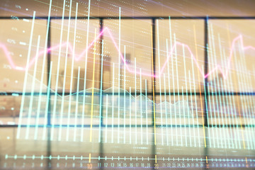 Double exposure of financial chart on empty room interior background. Forex market concept.