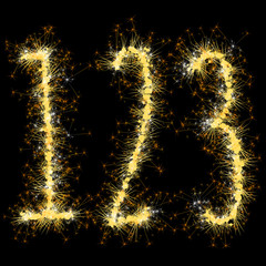 Bengal lights golden glittering sparks number set. Vector shining golden figures of sparkles and stars on black background.