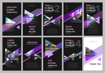 Creative social networks stories design, vertical banner or flyer templates with triangles and triangular shapes on black background. Covers design templates for flyer, leaflet, brochure, presentation