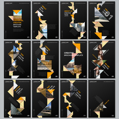 Creative brochure templates with colorful triangle origami paper elements on black background. Covers design templates for flyer, leaflet, brochure, report, presentation, advertising, magazine.