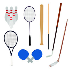 Vectorial graphic batting game sports equipments in the same frame for example, golf, tennis, ping pong, bowling, baseball, billiards, hockey games vector icons, vector symbols and icon set.