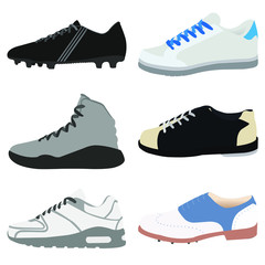Vector illustration sport and classic shoes. Football, classical, general, sports, sneakers, daily, basketball, bowling sports shoes illustration vector icons, vector symbols and icon set.