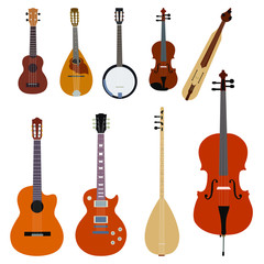 Vector musical instruments with violin, guitar, stringed instruments, bass, mandolin, ukulele, charango, oud, berimbau.