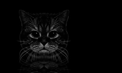 Illustration of a kitten on dark background and its reflection