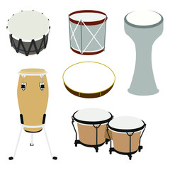 Vector percussion instrument set with drum, tambour, maraca, tomtom, taborine, timpani.