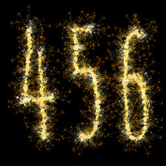 Bengal lights golden glittering sparks number set. Vector shining golden figures of sparkles and stars on black background.