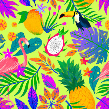 Summer vector seamless pattern with hand drawn tropical leaves,birds and fruits.Multicolor plants.Exotic background perfect for prints,wrapping paper,t-shirts,textile,background fill,social media.