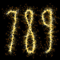 Bengal lights golden glittering sparks number set. Vector shining golden figures of sparkles and stars on black background.