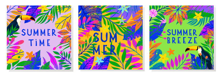 Set of summer vector illustrations with tropical leaves,toucan and flowers.Multicolor plants with hand drawn texture.Exotic backgrounds perfect for prints,flyers,banners,invitations,social media