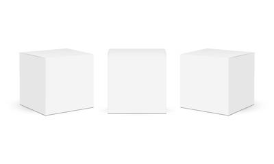 Three square paper boxes mockups isolated on white background. Vector illustration