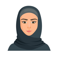 Muslim woman in hedgehog. Portrait of a young arab girl in traditional dress. Vector avatar in cartoon style. Islam with a veil on the head.