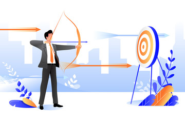 Business goal achievement concept. Vector flat cartoon illustration. Businessman aiming target with bow and arrow.