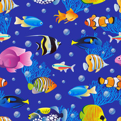 Sea fishes collection on blue water background. Vector seamless pattern. Cartoon aquarium kids textile print design.