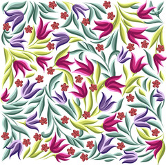 vector drawings of handdrawn floral pattern with leaves and cute wild flowers on a white background