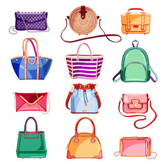 Female fashion elegant bags and purse icons and design elements set. Vector cartoon illustration.