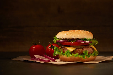 homemade hamburger with French fries tomatoes and cheese and herbs and onions