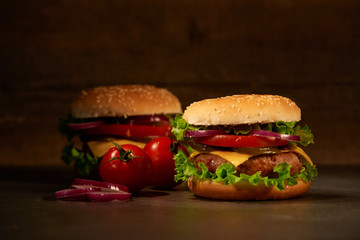 homemade hamburger with French fries tomatoes and cheese and herbs and onions