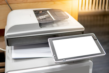 White blank screen on photocopier machine. electronic office supplies for copy, print and scan