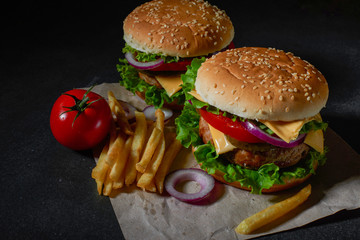 homemade hamburger with French fries tomatoes and cheese and herbs and onions