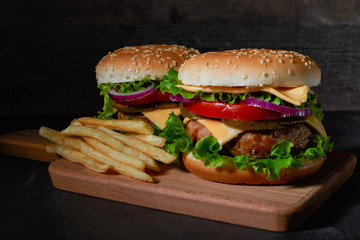 homemade hamburger with French fries tomatoes and cheese and herbs and onions