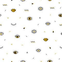 Memphis pattern with psychedelic golden eyes, lips and geometric shapes. Fashion background in 90s 80s style. Gold linear design. Triangle, zigzag, open eyes and other graphic elements. Line art.