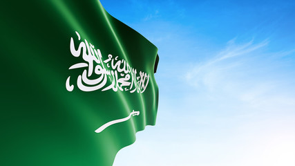 Saudi Arabia flag waving in blue sky, KSA Flag