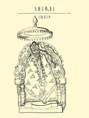 Shirdi, Maharashtra, India. Sai Baba temple. Travel sketch art. Vintage hand drawn postcard in vector