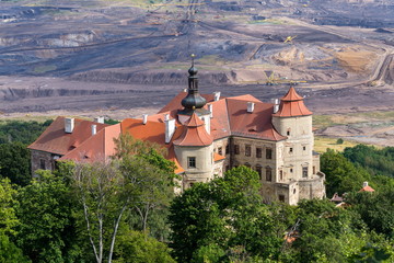 Jezeri Castle with Czechoslovak army coal mine in background, Horni Jiretin, Most district, Ustecky region, Czech Republic, sunny summer day