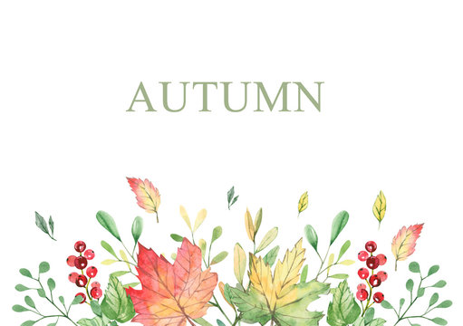 Watercolor banner with fall branches, maple leaves, orange and green foliage. Frame forest design autumn elements