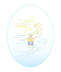 Water park with slides in Korea. Summer, fun vacation by the water with attractions, swimming. Water vest for safety.